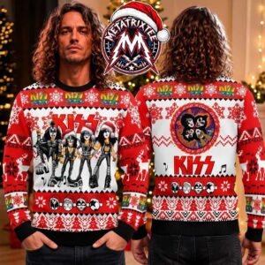 KISS Band Cute Santa Hats Rock And Roll Over Graphic Holiday Christmas Xmas Ugly Christmas Sweater