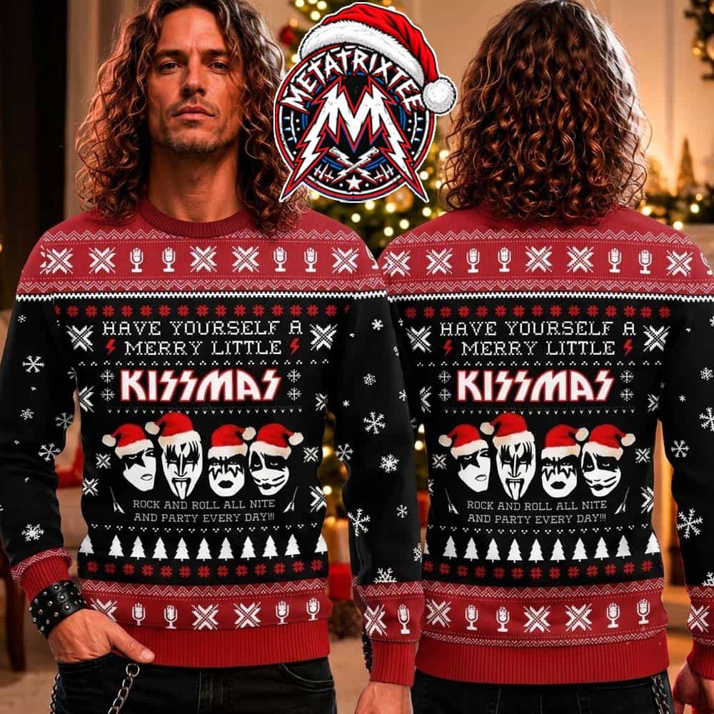 KISS Band Have Yourself A Merry Little KISSMAS Members In Santa Hats 2026 Knitted Ugly Christmas Sweate KISS Band Have Yourself A Merry Little KISSMAS Members In Santa Hats 2026 Knitted Ugly Christmas Sweate