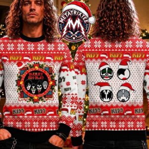 KISS Band Rock And Roll Over Merry Kissmas Members Face Santa Hat Red Knitted Ugly Christmas Sweater Gift For Holiday 2026