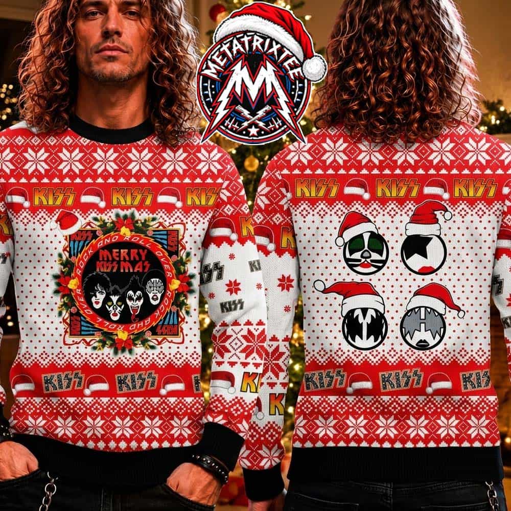 KISS Band Rock And Roll Over Merry Kissmas Members Face Santa Hat Red Knitted Ugly Christmas Sweater Gift For Holiday 2026 KISS Band Rock And Roll Over Merry Kissmas Members Face Santa Hat Red Knitted Ugly Christmas Sweater Gift For Holiday 2026
