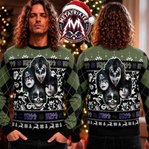KISS Band Rock Face Paint Green Argyle Reindeer XMAS Collectors Edition Ugly Christmas Sweater