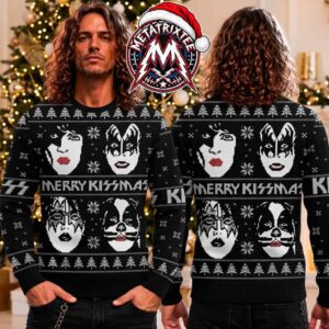 KISS Rock Band Merry Kissmas Face Pattern Black Background Gift For Fan Knitted Ugly Christmas Sweater