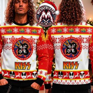 KISS Rock Band Rock And Roll Over Album Face Paint Reindeer Pattern 2026 Knitted Ugly Christmas Sweater