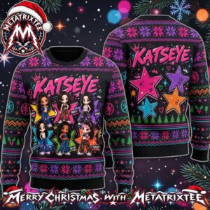 Katseye Girl Group Cute Anime Members And Logo Pattern 2026 Knitted Ugly Christmas Sweater