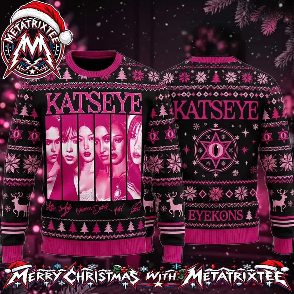 Katseye Members Portrait In Pink Panels Signatures And Eyekons Star Logo Knitted Pattern 2026 Knitted Ugly Christmas Sweater Katseye Members Portrait In Pink Panels Signatures And Eyekons Star Logo Knitted Pattern 2026 Knitted Ugly Christmas Sweater