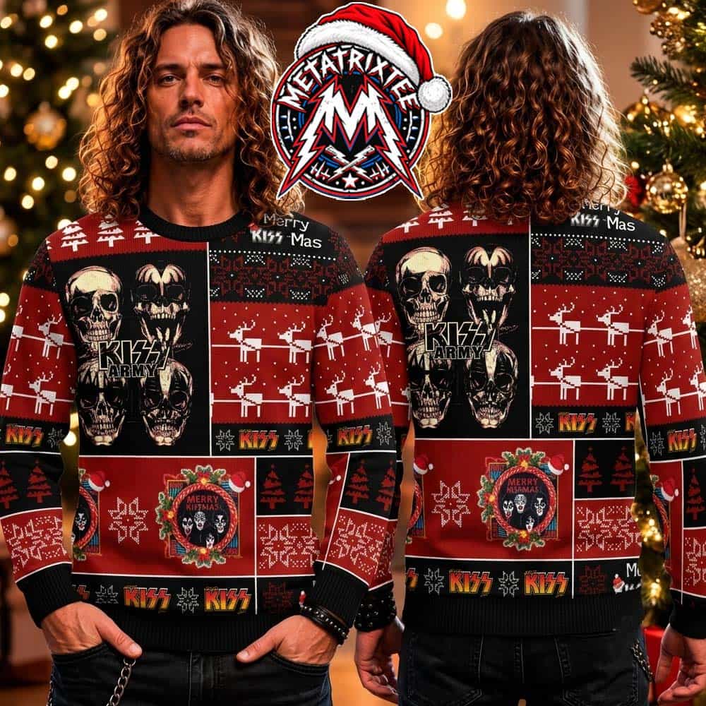 Kiss Army Rock Band Skulls Band Members Portrait Merry Kissmas Pattern 2026 Knitted Ugly Christmas Sweater Kiss Army Rock Band Skulls Band Members Portrait Merry Kissmas Pattern 2026 Knitted Ugly Christmas Sweater
