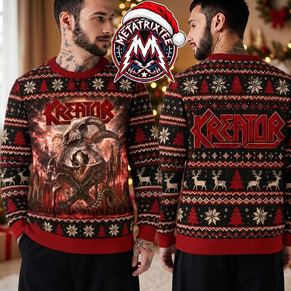 Kreator Gods Of Violence Horned Demon Skull Festive Pattern 2026 Knitted Ugly Christmas Sweater Kreator Gods Of Violence Horned Demon Skull Festive Pattern 2026 Knitted Ugly Christmas Sweater