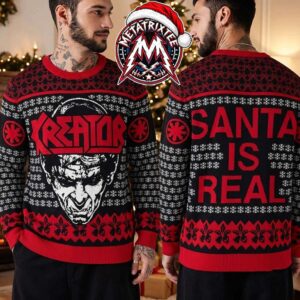 Kreator Mascot Face And Santa Is Real Christmas Gift Custom Ugly Christmas Sweater