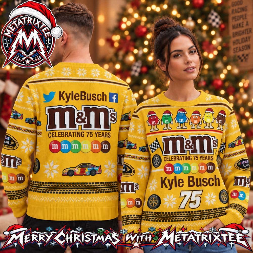 Kyle Busch NASCAR M&M’s Celebrating 75 Years Logos And Snowflakes Pattern 2026 Knitted Ugly Christmas Sweater Kyle Busch NASCAR M&M’s Celebrating 75 Years Logos And Snowflakes Pattern 2026 Knitted Ugly Christmas Sweater