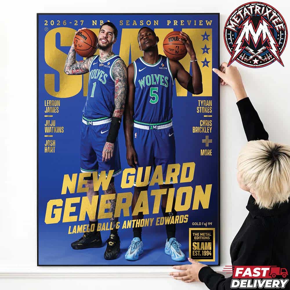 LaMelo Ball And Anthony Edwards Gold Metal Edition SLAM 265 Magazine New Guard Generation Cover In Minnesota Timberwolves Uniforms Poster Canvas LaMelo Ball And Anthony Edwards Gold Metal Edition SLAM 265 Magazine New Guard Generation Cover In Minnesota Timberwolves Uniforms Poster Canvas