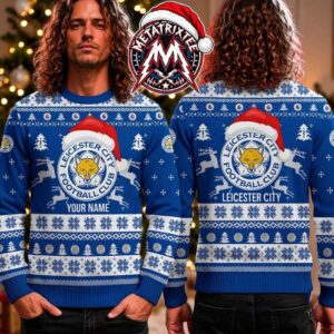 Leicester City FC Fox Mascot With Santa Hat Blue Snowflake Pattern Personalized Christmas 2026 Holiday Ugly Christmas Sweater