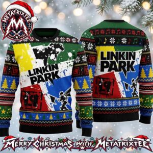Linkin Park Hybrid Theory Band Logo Music Notes Xmas Pattern 2026 Holiday Ugly Christmas Sweater