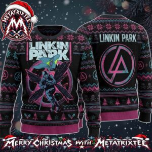 Linkin Park Hybrid Theory Soldier With Flag Logo Christmas Trees Skulls Knitted Ugly Christmas Sweater