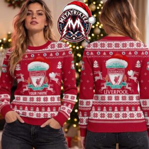 Liverpool FC Christmas Crest Reindeer And Snowflakes Pattern Gift For Fan Knitted Ugly Christmas Sweater