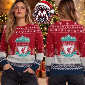 Liverpool FC Crest Logo Liverbird Snowflakes Pattern Gift For Fan Knitted Ugly Christmas Sweater