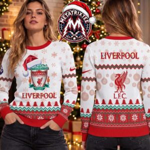 Liverpool FC Crest Santa Hat Snowflakes Pattern And Liverbird 2026 Knitted Ugly Christmas Sweater