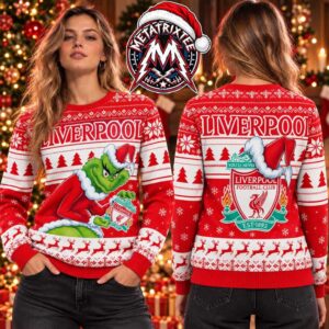 Liverpool FC The Grinch Holding Crest Logo Red Pattern Gift For Fan Knitted Ugly Christmas Sweater