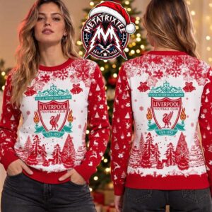 Liverpool FC You’ll Never Walk Alone Logo Patterned Red And White Snowy Winter Forest Landscape Holiday Christmas Xmas Ugly Christmas Sweater