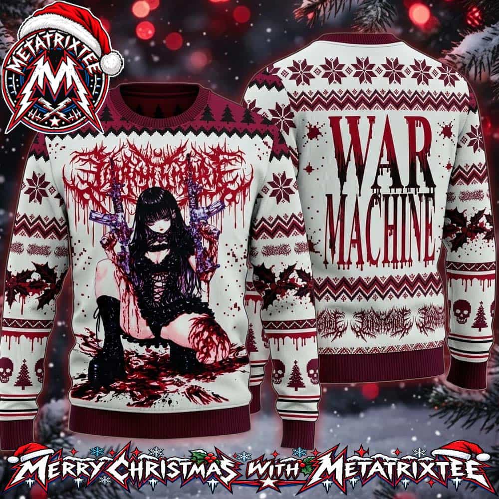 Lorna Shore War Machine Anime Girl With Guns Dripping Blood Front And Back 2026 Knitted Ugly Christmas Sweater Lorna Shore War Machine Anime Girl With Guns Dripping Blood Front And Back 2026 Knitted Ugly Christmas Sweater