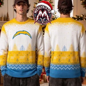 Los Angeles Chargers NFL Lightning Bolt Logo Reindeer Pine Tree Pattern 2026 Knitted Ugly Christmas Sweater