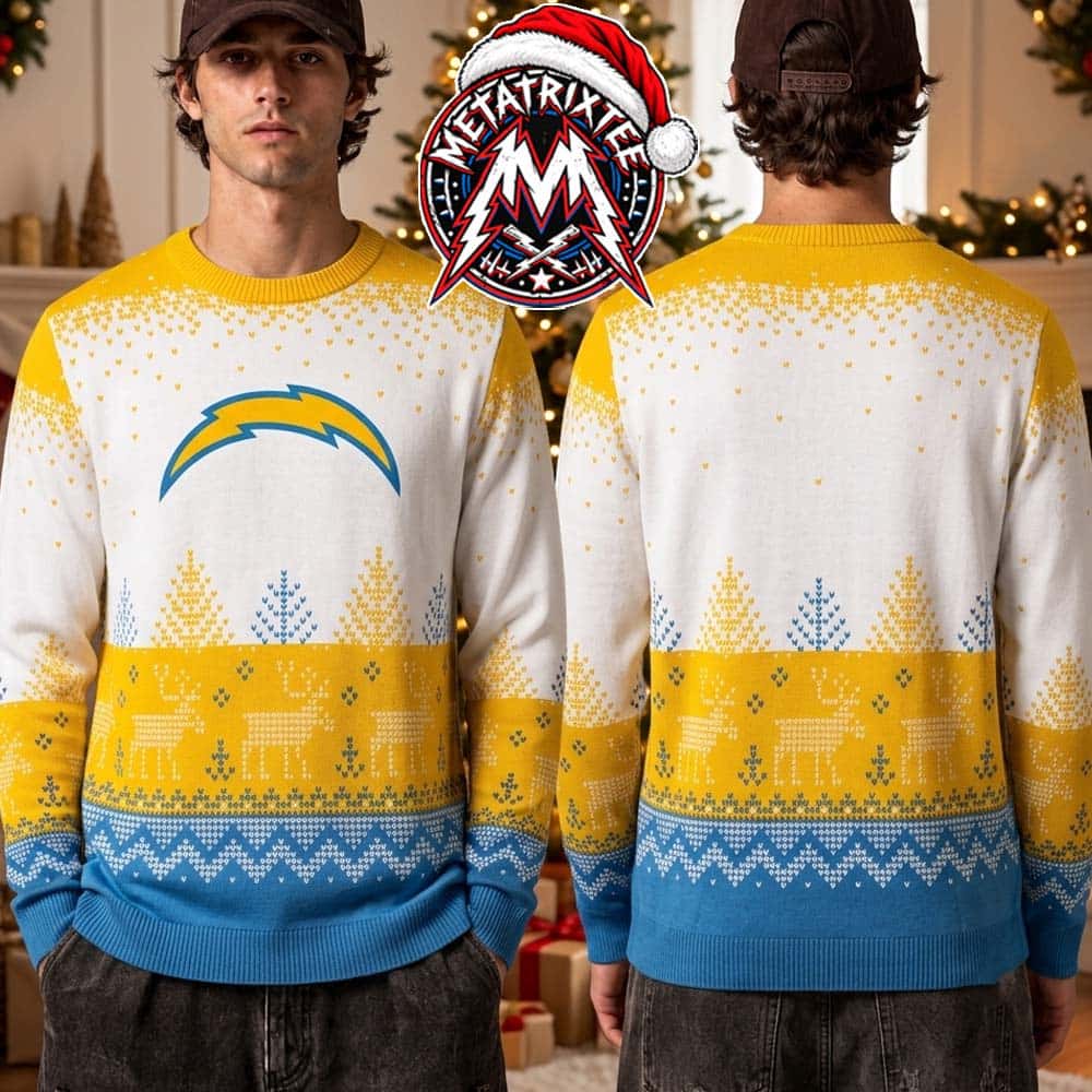 Los Angeles Chargers NFL Lightning Bolt Logo Reindeer Pine Tree Pattern 2026 Knitted Ugly Christmas Sweater Los Angeles Chargers NFL Lightning Bolt Logo Reindeer Pine Tree Pattern 2026 Knitted Ugly Christmas Sweater