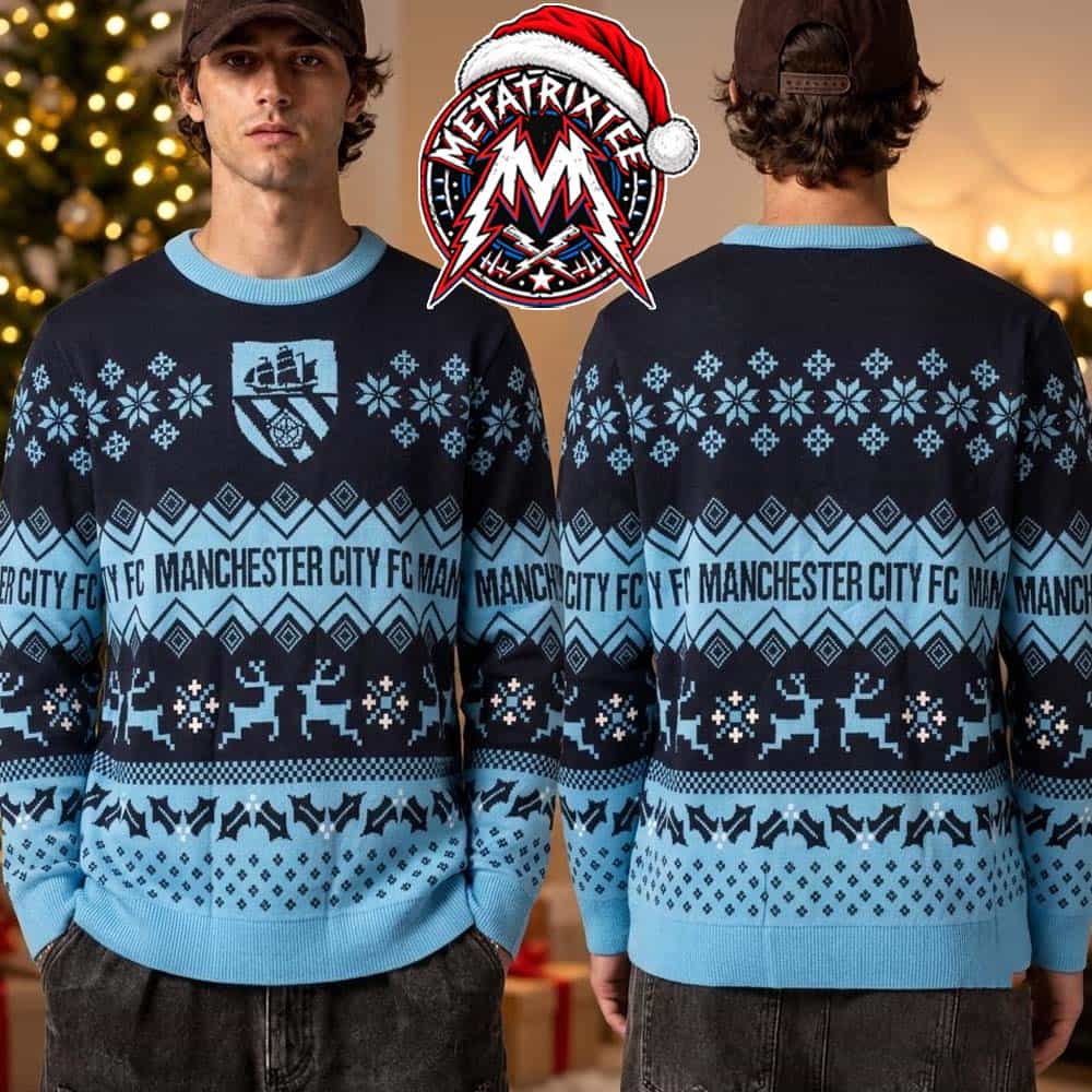 Manchester City FC Club Crest Text And Reindeer Snowflake Pattern Ugly Christmas Sweater Gift For Holiday 2026 Manchester City FC Club Crest Text And Reindeer Snowflake Pattern Ugly Christmas Sweater Gift For Holiday 2026