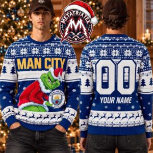 Manchester City FC Grinch Holding Logo Snowflake Pattern Personalized Christmas 2026 Holiday Ugly Christmas Sweater