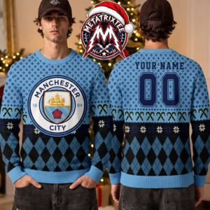 Manchester City FC Logo Argyle Snowflakes Pattern Candy Cane Custome Name And Number 2026 Knitted Ugly Christmas Sweater