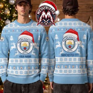 Manchester City FC Santa Hat Logo Reindeer Snowflake Personalized Christmas 2026 Holiday Ugly Christmas Sweater