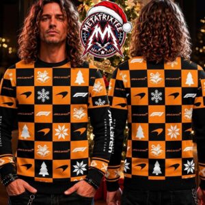 McLaren F1 Checkered Pattern With Logo Speedmark Christmas Tree Snowflakes And Bells Personalized Christmas 2026 Holiday Ugly Christmas Sweater