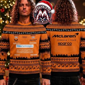 McLaren F1 Racing Team Orange Black Sponsor Logos Reindeer Pattern Personalized Christmas 2026 Holiday Ugly Christmas Sweater