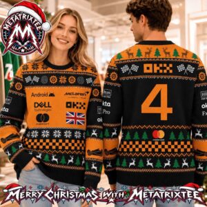 McLaren Formula 1 Team Number 4 Papaya Orange Black Checkered Flag Reindeer Snowflake 2026 Knitted Ugly Christmas Sweater