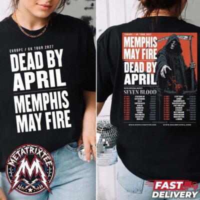 Black concert T-shirt showing white co-headlining tour lettering on the front and a back print with a Grim Reaper scythe illustration and full 2027 European and UK tour itinerary.