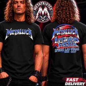Metallica Blue And White Logo Tee Life Burns Faster Sphere Las Vegas Concert Tour 2026 2027 Two Sided Print Black T-Shirt