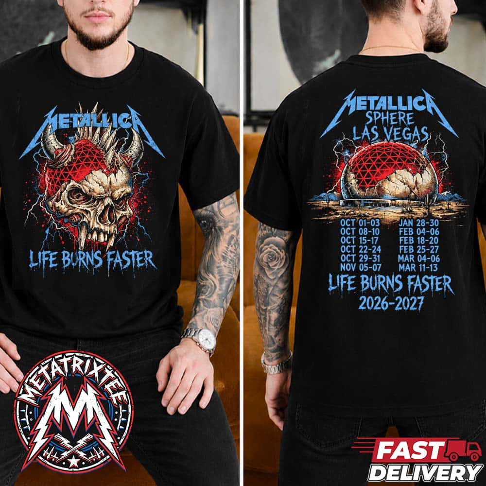 Metallica Horned Mohawk Skull Tee Life Burns Faster Sphere Las Vegas Concert Tour Dates 2026 2027 Two Sided Heavy Metal Band T-Shirt Metallica Horned Mohawk Skull Tee Life Burns Faster Sphere Las Vegas Concert Tour Dates 2026 2027 Two Sided Heavy Metal Band T-Shirt