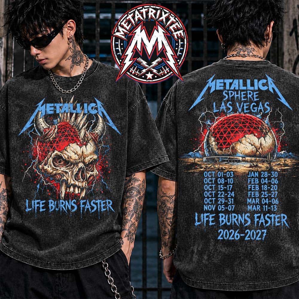 Metallica Horned Mohawk Skull Tee Life Burns Faster Sphere Las Vegas Concert Tour Dates 2026 2027 Two Sided Heavy Metal Band Washed T-Shirt Metallica Horned Mohawk Skull Tee Life Burns Faster Sphere Las Vegas Concert Tour Dates 2026 2027 Two Sided Heavy Metal Band Washed T-Shirt