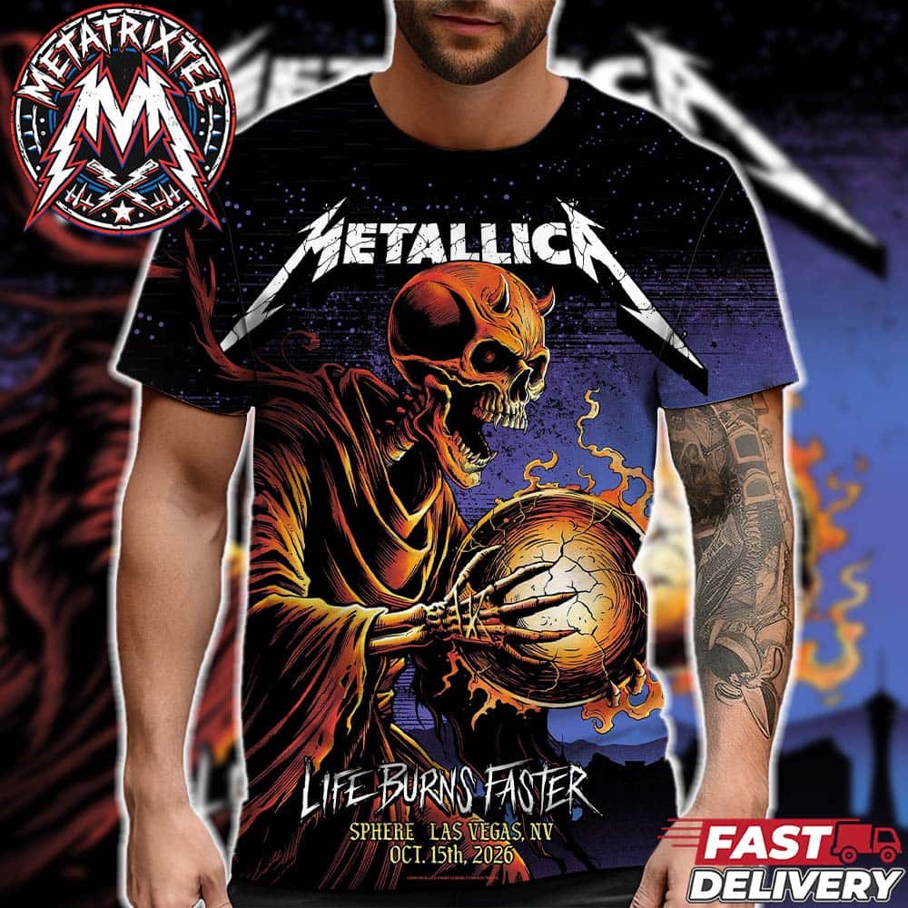 Metallica Life Burns Faster Night 5 For Weekend Three Official Event Poster by Brandon Heart In Sphere Las Vegas On October 15th 2026 All Over Print T-Shirt Metallica Life Burns Faster Night 5 For Weekend Three Official Event Poster by Brandon Heart In Sphere Las Vegas On October 15th 2026 All Over Print T-Shirt