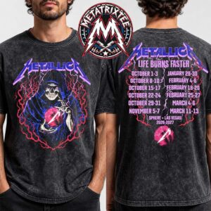 Metallica Life Burns Faster Sphere Las Vegas Concert Tour Dates 2026 2027 Hooded Skull Grim Reaper Two Sided Heavy Metal Band Washed T-Shirt