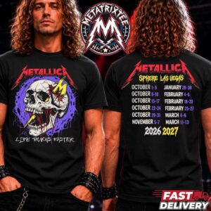 Metallica Life Burns Faster Sphere Las Vegas NV Tour Dates 2026 2027 Shattered Skull M Logo Double Sided Graphic Rock Band T-Shirt
