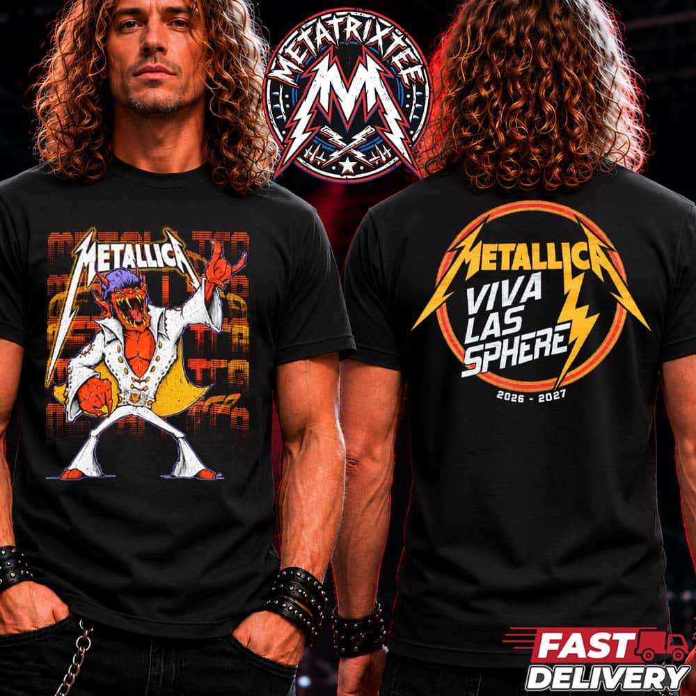 Metallica Red Demon ELVIS And Viva Las Sphere Tee Life Burns Faster Sphere Las Vegas Concert Tour 2026 2027 Two Sided Print Black T-Shirt Metallica Red Demon ELVIS And Viva Las Sphere Tee Life Burns Faster Sphere Las Vegas Concert Tour 2026 2027 Two Sided Print Black T-Shirt