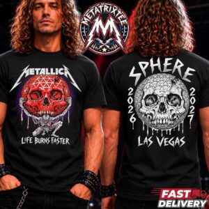 Metallica Skeleton Atlas Tee Life Burns Faster Sphere Las Vegas Concert Tour 2026-2027 Two Sided Print Black T-Shirt