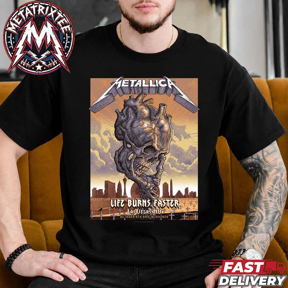 Metallica Weekend Two Life Burns Faster Pop-Up Poster For October 8th And 10th At Sphere Las Vegas NV Short Black T-Shirt Metallica Weekend Two Life Burns Faster Pop-Up Poster For October 8th And 10th At Sphere Las Vegas NV Short Black T-Shirt