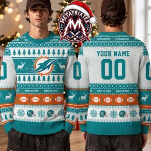 Miami Dolphins NFL Team Logo With Reindeer Football Pattern 2026 Holiday Ugly Christmas Sweater