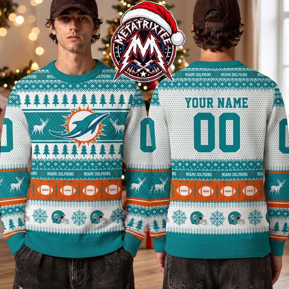 Miami Dolphins NFL Team Logo With Reindeer Football Pattern 2026 Holiday Ugly Christmas Sweater Miami Dolphins NFL Team Logo With Reindeer Football Pattern 2026 Holiday Ugly Christmas Sweater