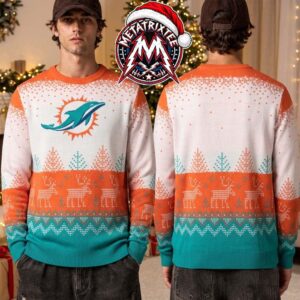 Miami Dolphins Sunburst Mascot Reindeer Pine Trees Orange Teal Winter Personalized Christmas 2026 Holiday Ugly Christmas Sweater