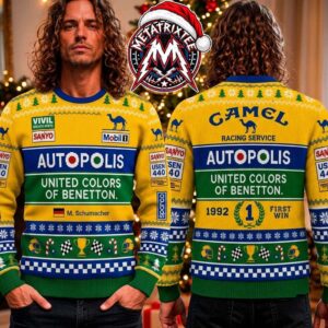 Michael Schumacher 1992 First Win Benetton Camel Racing Autopolis Yellow Green Gift For Fan Knitted Ugly Christmas Sweater