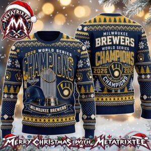 Milwaukee Brewers 2026 World Series Champions Baseball Trophy And Helmet Dark Navy Knitted Ugly Christmas Sweater