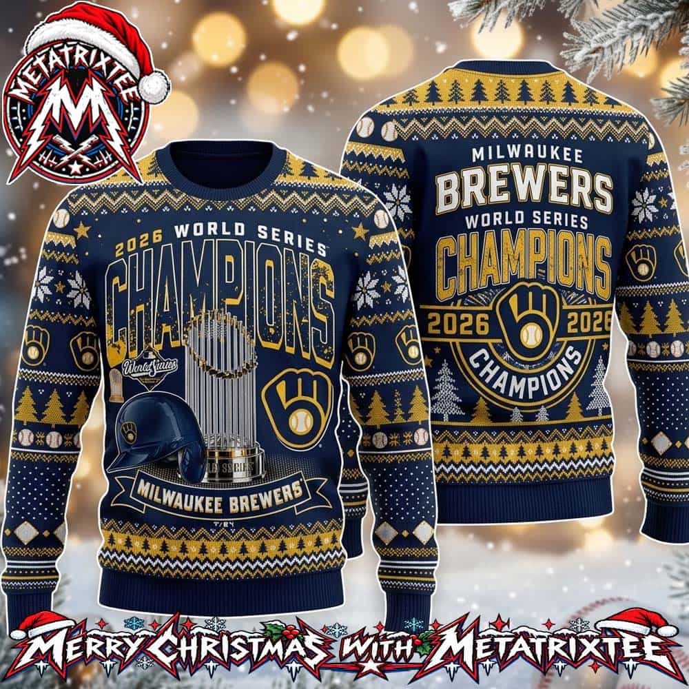 Milwaukee Brewers 2026 World Series Champions Baseball Trophy And Helmet Dark Navy Knitted Ugly Christmas Sweater Milwaukee Brewers 2026 World Series Champions Baseball Trophy And Helmet Dark Navy Knitted Ugly Christmas Sweater
