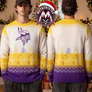 Minnesota Vikings NFL Viking Head Logo Reindeer Pine Tree Pattern 2026 Knitted Ugly Christmas Sweater