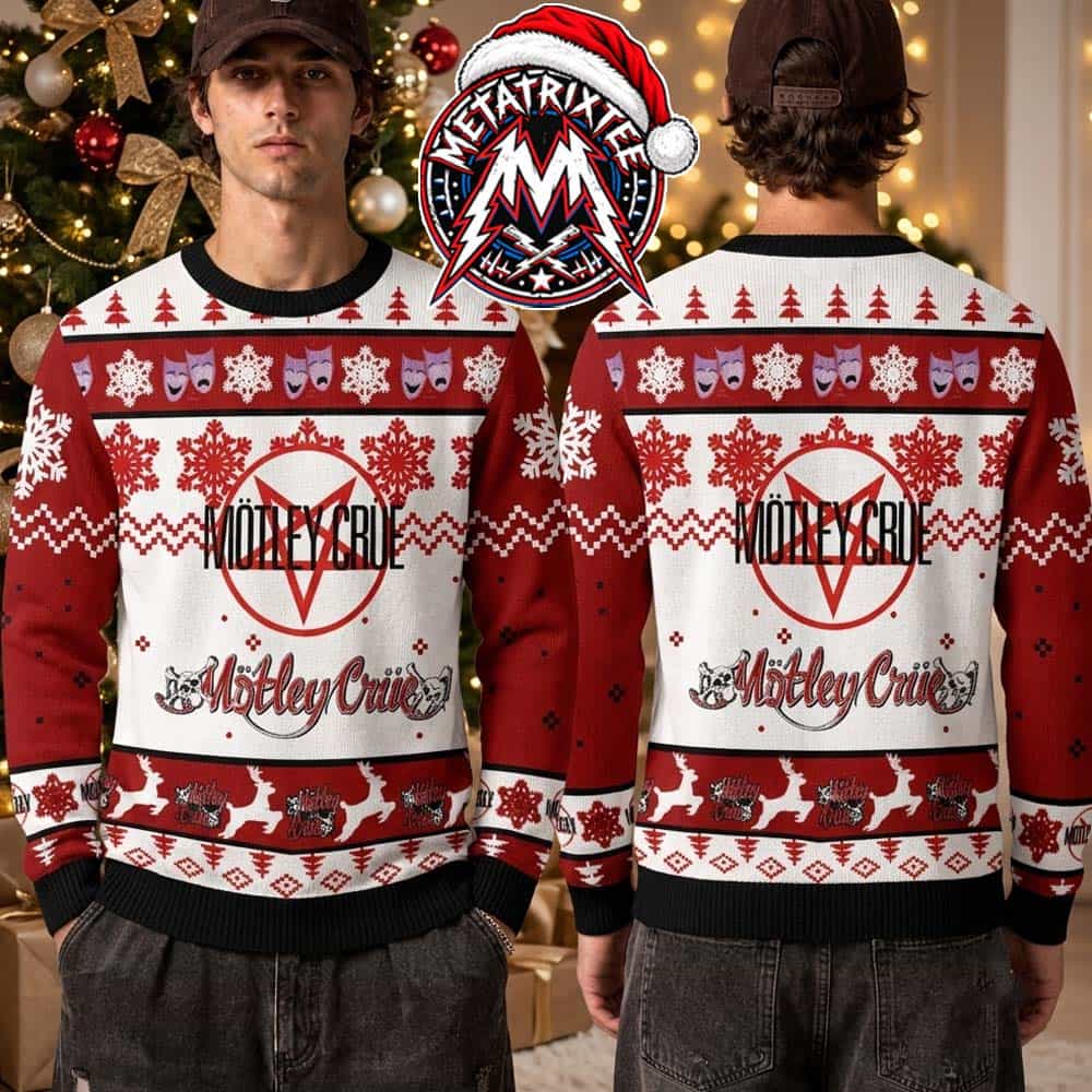 Motley Crue Pentagram Logo Theater Masks Snowflakes And Reindeers 2026 Knitted Ugly Christmas Sweater Motley Crue Pentagram Logo Theater Masks Snowflakes And Reindeers 2026 Knitted Ugly Christmas Sweater